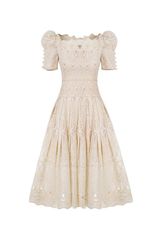 A-line Leg Of Mutton Sleeved Lace Midi Dress