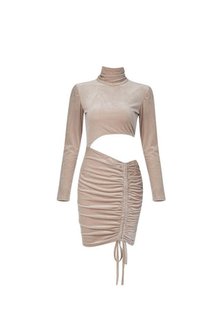 NUDE VELVET CUT OUT RUCHED MINI DRESS