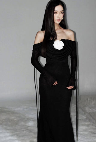 lila flower embellished pleated strapless maxi dress in black