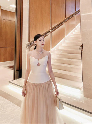 two-tone Hollow tube top tulle midi dress