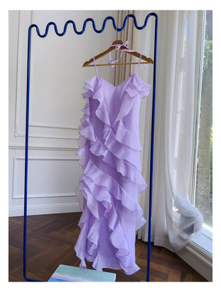 Lavender Asymmetric Ruffle Layer Organza Midi Dress