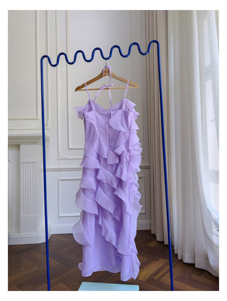 Lavender Asymmetric Ruffle Layer Organza Midi Dress