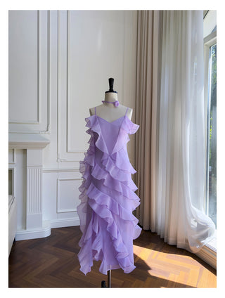 Lavender Asymmetric Ruffle Layer Organza Midi Dress