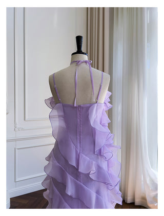 Lavender Asymmetric Ruffle Layer Organza Midi Dress