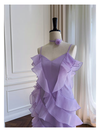 Lavender Asymmetric Ruffle Layer Organza Midi Dress