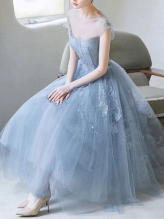 Blue tulle midi prom dress