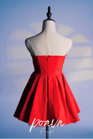 ITALIAN TOMATO STRAPLESS PLEATED MINI DRESS