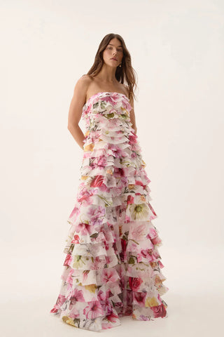 cathy floral print Pleated layer strapless maxi dress in pink