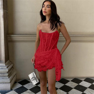 red Strapless Bandage Backless Floral Lace Corset Tube mini Dress