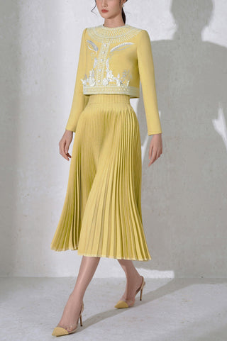 draped top pleat skirt set in yellow