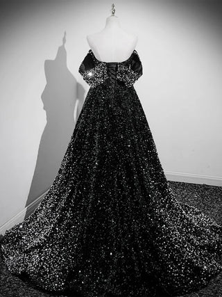 A-Line Neck Black Sequin Long Prom Dress