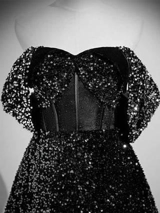 A-Line Neck Black Sequin Long Prom Dress