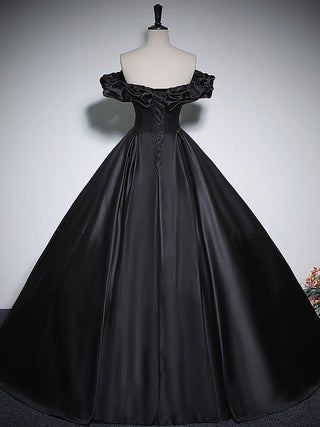 Black A-Line Off Shoulder Satin Long Prom Dress