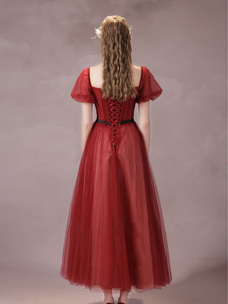 A-Line Burgundy Tulle Tea Dress