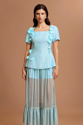 ursula blue Short Sleeves Flowers Folds Top And Skirt Two-Piece Set