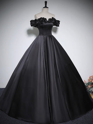 Black A-Line Off Shoulder Satin Long Prom Dress