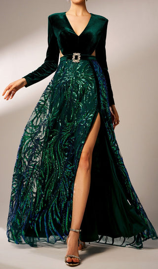 high slit sequin long sleeve maxi dress in green