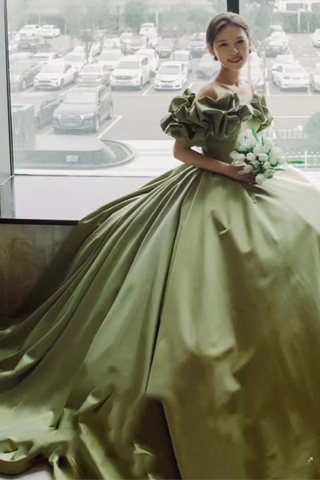 A-Line off Shoulder Satin Green Dress