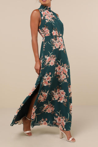 Emerald Floral Mock Neck Maxi Dress