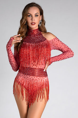 Lillelis Halter Rhinestone Fringe Mesh Bodysuit