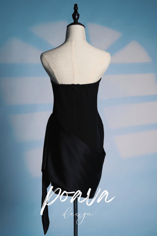 Black Satin Bandeau Mini Dress With Drape Skirt