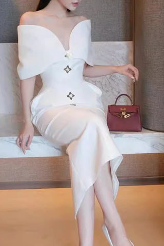 off shoulder midi dress in white