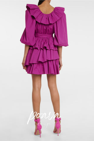 MURRAY PUFF SLEEVE RUFFLE LAYER MINI DRESS IN PURPLE