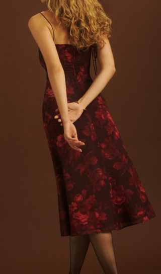 floral print slit midi dress in Burgundy