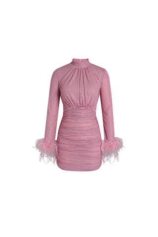 PINK RHINESTONE FEATHER MINI DRESS