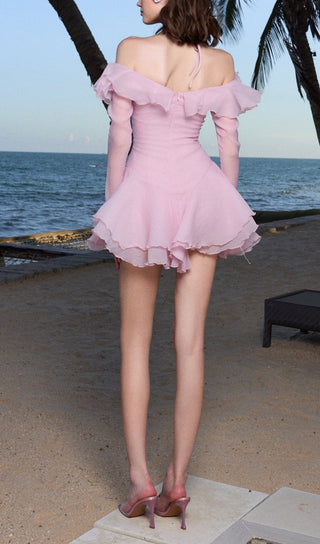 RUFFLED HALTER MINI DRESS IN PINK
