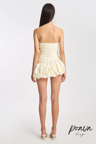 Balloon Draped strapless Mini Dress in white