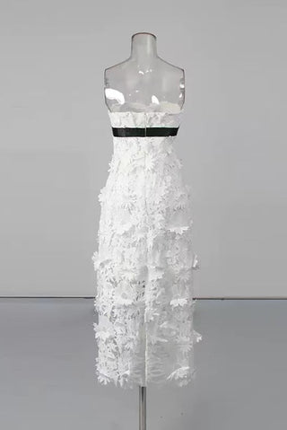 Strapless Flower Embroidery Maxi Dress In White