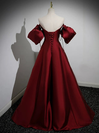 A-Line Puff Sleeves Satin Burgundy Dress