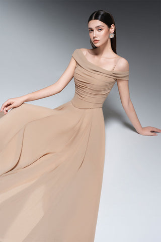 A-line Draped Chiffon maxi Dress in nude