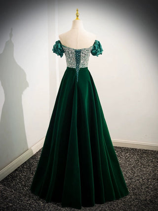 A-Line Velvet Sequin Beads Green Dress