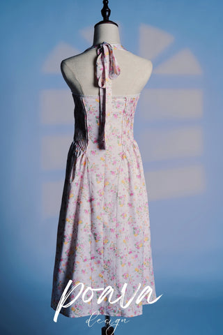 PINK MEADOW PRINT COTTON HALTER MIDI SUNDRESS