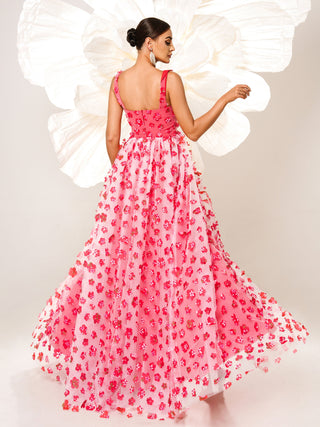 Appliqued Pink Camisole Floral Tulle Dress