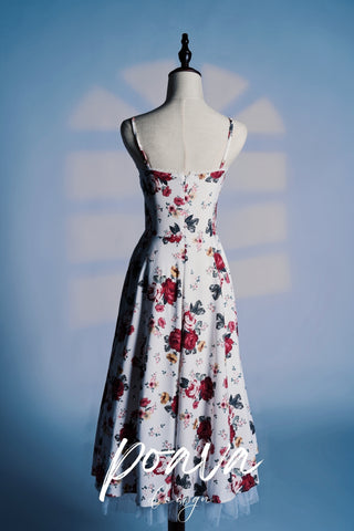 ITALIAN ROSE PRINT TULLE MIDI DRESS