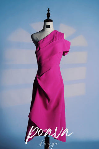 Silvie Asymmetric One Shoulder Tweed Midi Dress In Hot Pink