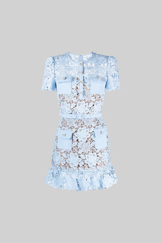 Short Sleeve Embroidered Floral Dress - Blue