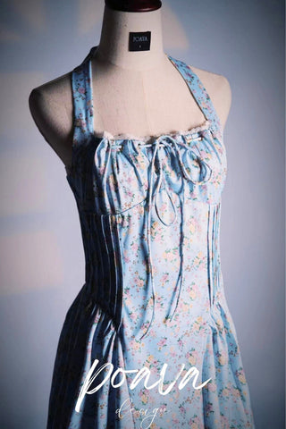 SOFT BLUE VINTAGE FLORAL PRINT COTTON HALTER SUNDRESS