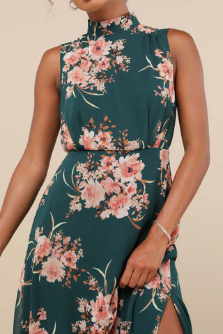 Emerald Floral Mock Neck Maxi Dress