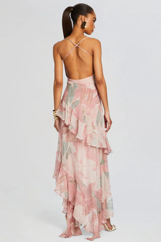 Ruffle floral backless maxi dress in pink