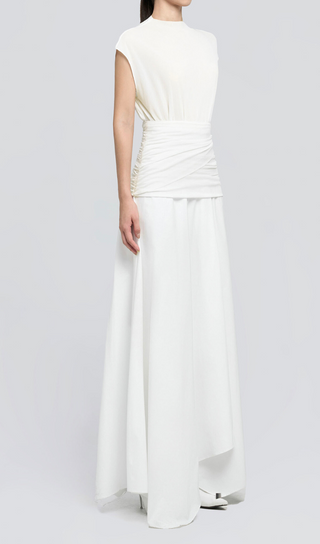 white Waist cross pleats midi dress with asymmetric hemline