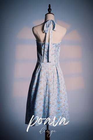 SOFT BLUE VINTAGE FLORAL PRINT COTTON HALTER SUNDRESS