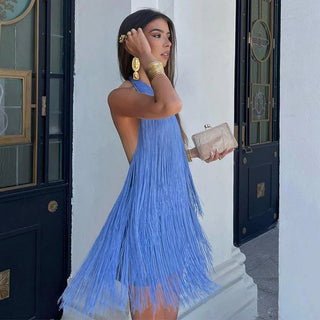 Ivy Fringe Trim Mini Dress In Blue