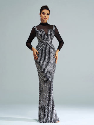 Stand Collar Sequin Panel Long Sleeve Prom Dress