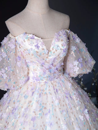 A-Line Neck Tulle Lace Light Purple Dress