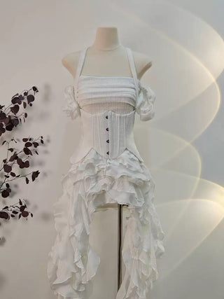 Baha Ruch Ruffle Fringe Mini Dress In White