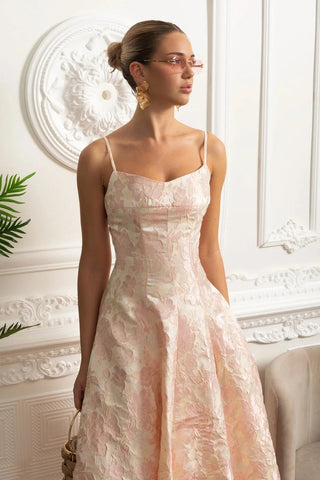 lauren Jacquard Midi Dress with Floral Motif - Blush Pink